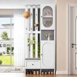 Meuble d'entrée - Vestiaire Blanc en Bois et Verre Trempé, 2 Armoires, 1 Tiroir, 10 Compartiments, avec Banc , 85x33,5x200 cm