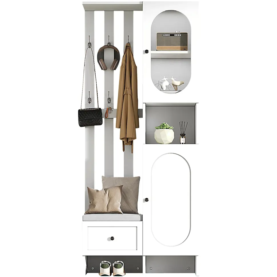 Meuble d'entrée - Vestiaire Blanc en Bois et Verre Trempé, 2 Armoires, 1 Tiroir, 10 Compartiments, avec Banc , 85x33,5x200 cm
