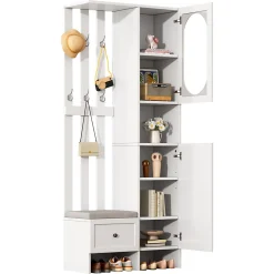 Meuble d'entrée - Vestiaire Blanc en Bois et Verre Trempé, 2 Armoires, 1 Tiroir, 10 Compartiments, avec Banc , 85x33,5x200 cm