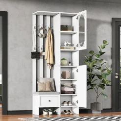 Meuble d'entrée - Vestiaire Blanc en Bois et Verre Trempé, 2 Armoires, 1 Tiroir, 10 Compartiments, avec Banc , 85x33,5x200 cm