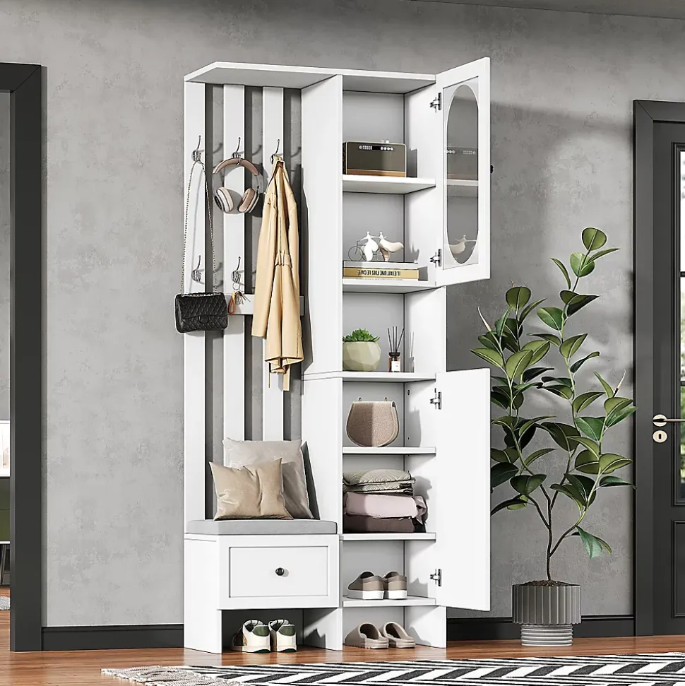 Meuble d'entrée - Vestiaire Blanc en Bois et Verre Trempé, 2 Armoires, 1 Tiroir, 10 Compartiments, avec Banc , 85x33,5x200 cm