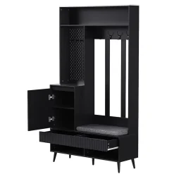 Meuble d'entrée - Vestiaire d'entrée avec Banc à Chaussures, 4 Crochets et 2 Tiroirs, Meuble entrée MDF - 100x35x180 cm, Noir