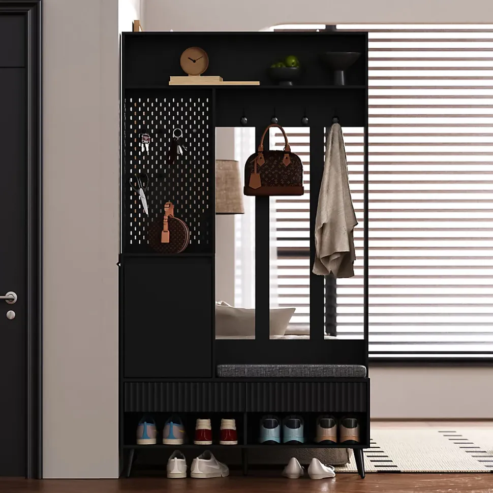 Meuble d'entrée - Vestiaire d'entrée avec Banc à Chaussures, 4 Crochets et 2 Tiroirs, Meuble entrée MDF - 100x35x180 cm, Noir