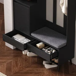 Meuble d'entrée - Vestiaire d'entrée avec Banc à Chaussures, 4 Crochets et 2 Tiroirs, Meuble entrée MDF - 100x35x180 cm, Noir
