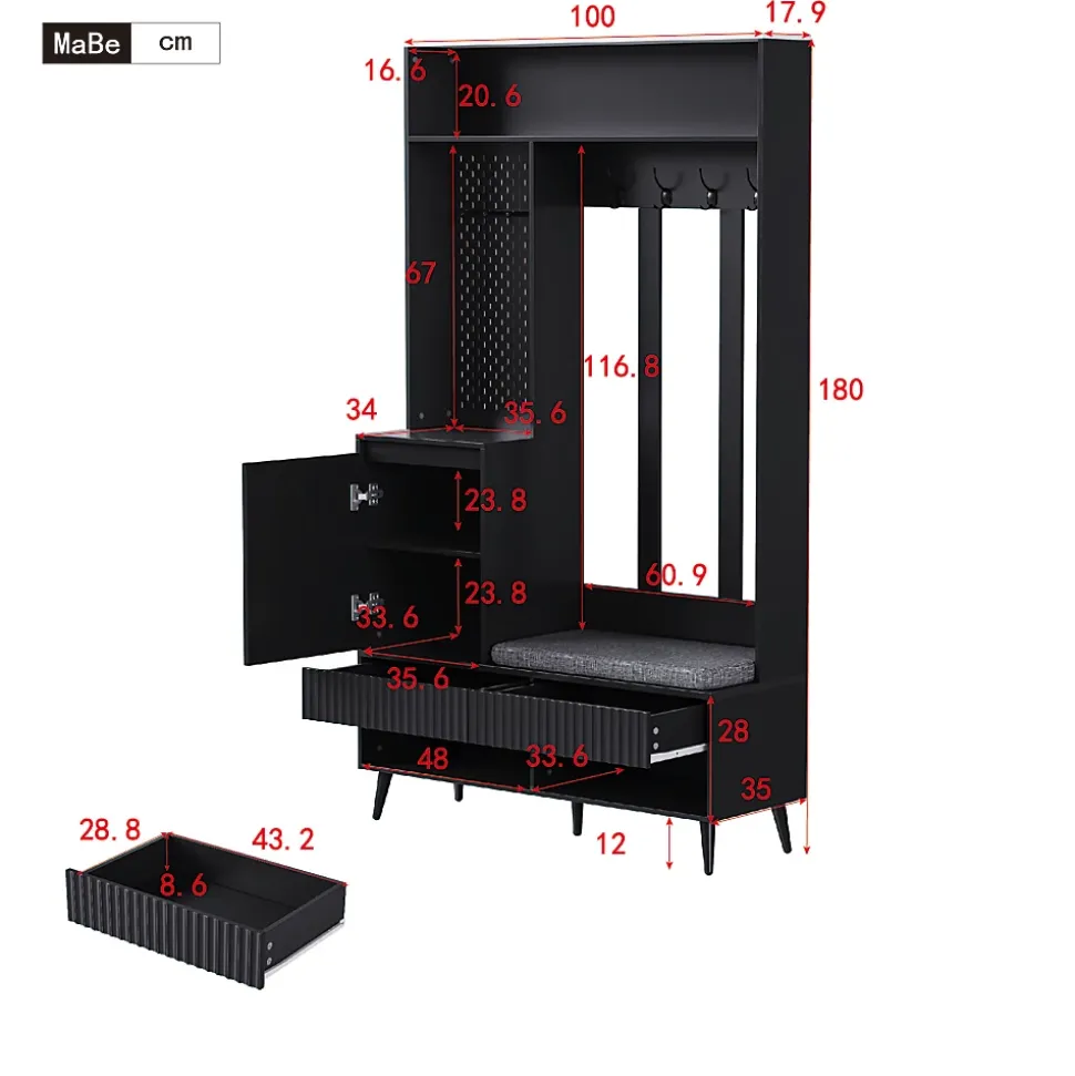 Meuble d'entrée - Vestiaire d'entrée avec Banc à Chaussures, 4 Crochets et 2 Tiroirs, Meuble entrée MDF - 100x35x180 cm, Noir