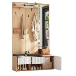 Meuble d'entrée - Vestiaire d'entrée 120x40x200 cm avec Miroir, 2 Tiroirs, 4 Crochets et Banc Rembourré, MDF, Blanc/Naturel