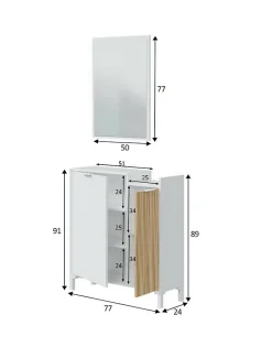 Meuble d'entrée Alambicco, Entrée 2 portes, Armoire avec miroir, Rangement multifonctionnel, 77x24h91 cm, Blanc et Chêne