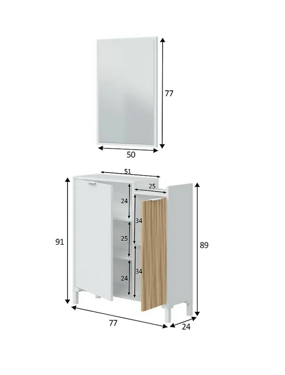 Meuble d'entrée Alambicco, Entrée 2 portes, Armoire avec miroir, Rangement multifonctionnel, 77x24h91 cm, Blanc et Chêne