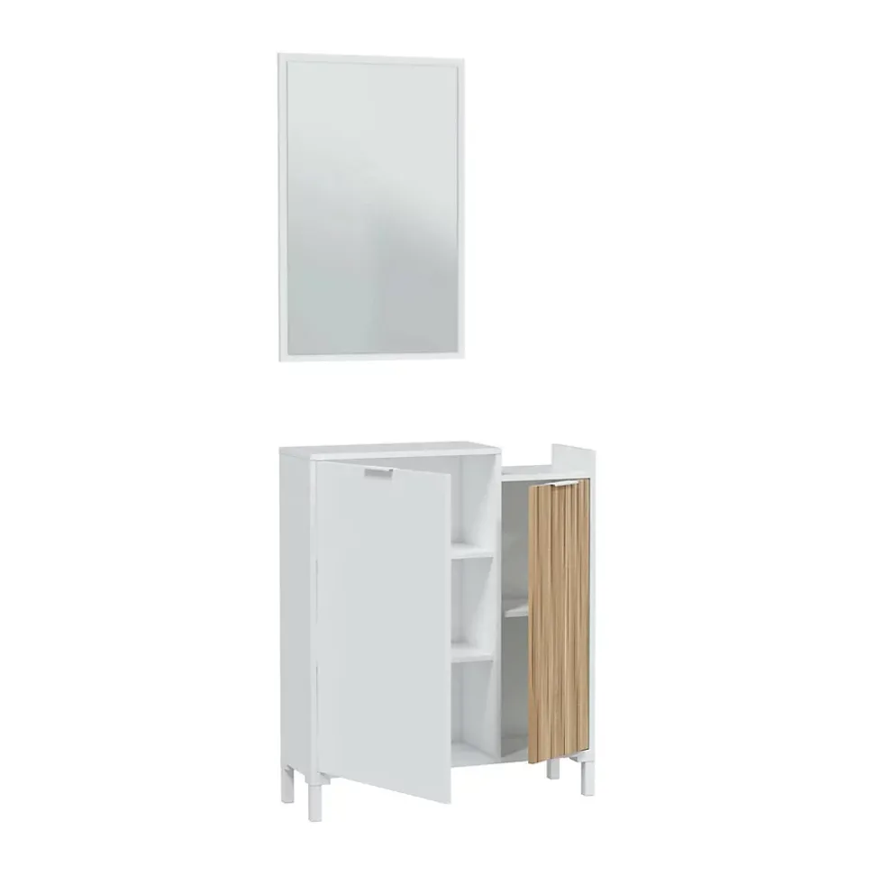 Meuble d'entrée Alambicco, Entrée 2 portes, Armoire avec miroir, Rangement multifonctionnel, 77x24h91 cm, Blanc et Chêne