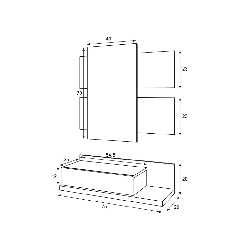 Meuble d'entrée Anro, Entrée suspendue avec miroir, Meuble d'entrée avec tiroir, 75x29h90 cm, Blanc et Chêne
