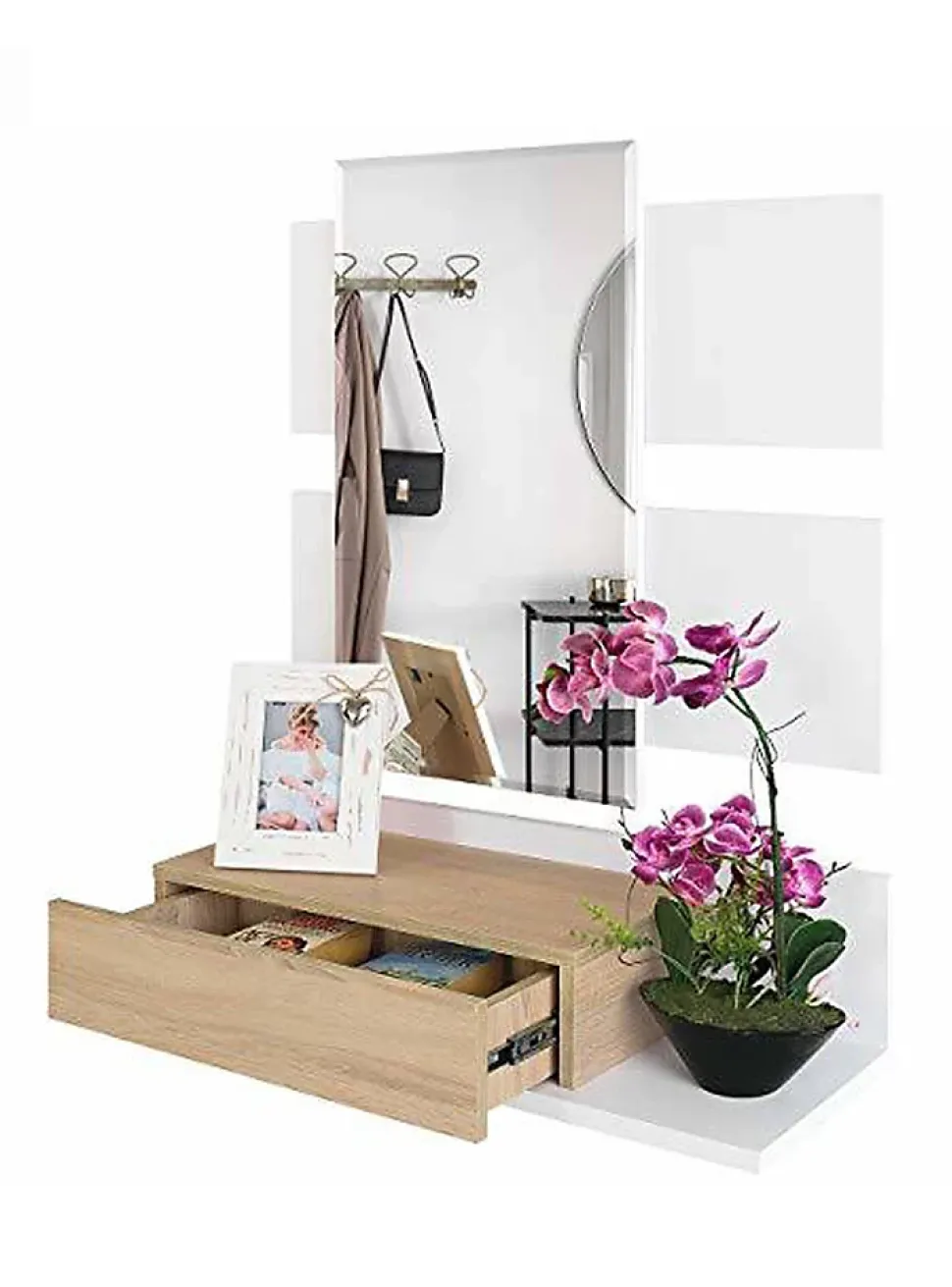 Meuble d'entrée Anro, Entrée suspendue avec miroir, Meuble d'entrée avec tiroir, 75x29h90 cm, Blanc et Chêne