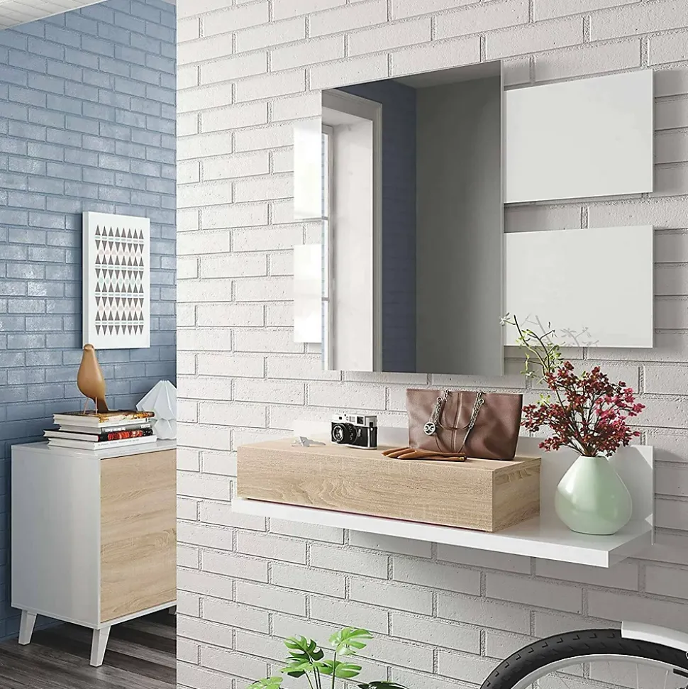 Meuble d'entrée Anro, Entrée suspendue avec miroir, Meuble d'entrée avec tiroir, 75x29h90 cm, Blanc et Chêne