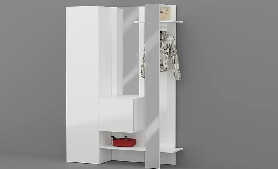 Meuble d'entrée Arabelle, Armoire multifonctionnelle avec 2 portes, Cintre mural avec 2 miroirs, 140x35h190 cm, Blanc