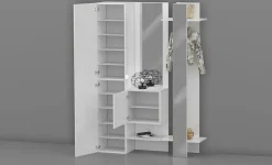 Meuble d'entrée Arabelle, Armoire multifonctionnelle avec 2 portes, Cintre mural avec 2 miroirs, 140x35h190 cm, Blanc