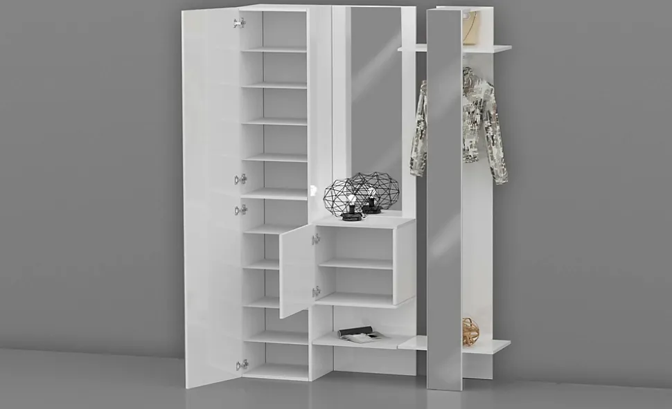 Meuble d'entrée Arabelle, Armoire multifonctionnelle avec 2 portes, Cintre mural avec 2 miroirs, 140x35h190 cm, Blanc