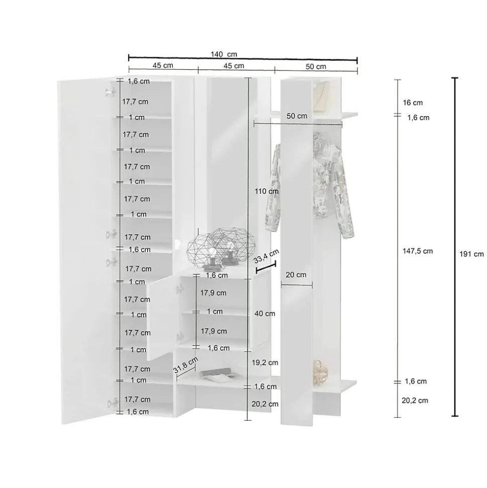 Meuble d'entrée Arabelle, Armoire multifonctionnelle avec 2 portes, Cintre mural avec 2 miroirs, 140x35h190 cm, Blanc