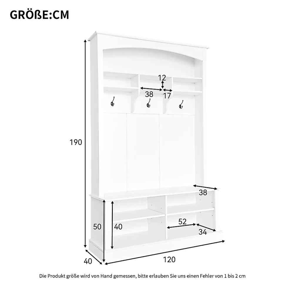 Meuble d'Entrée avec Banc et 3 Crochets pour Manteaux - Meuble de Rangement Multifonction avec Étagères, Blanc- 120x40x190 cm
