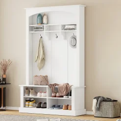 Meuble d'Entrée avec Banc et 3 Crochets pour Manteaux - Meuble de Rangement Multifonction avec Étagères, Blanc- 120x40x190 cm