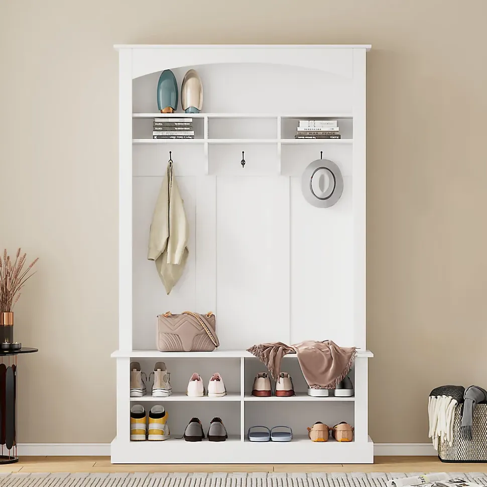 Meuble d'Entrée avec Banc et 3 Crochets pour Manteaux - Meuble de Rangement Multifonction avec Étagères, Blanc- 120x40x190 cm