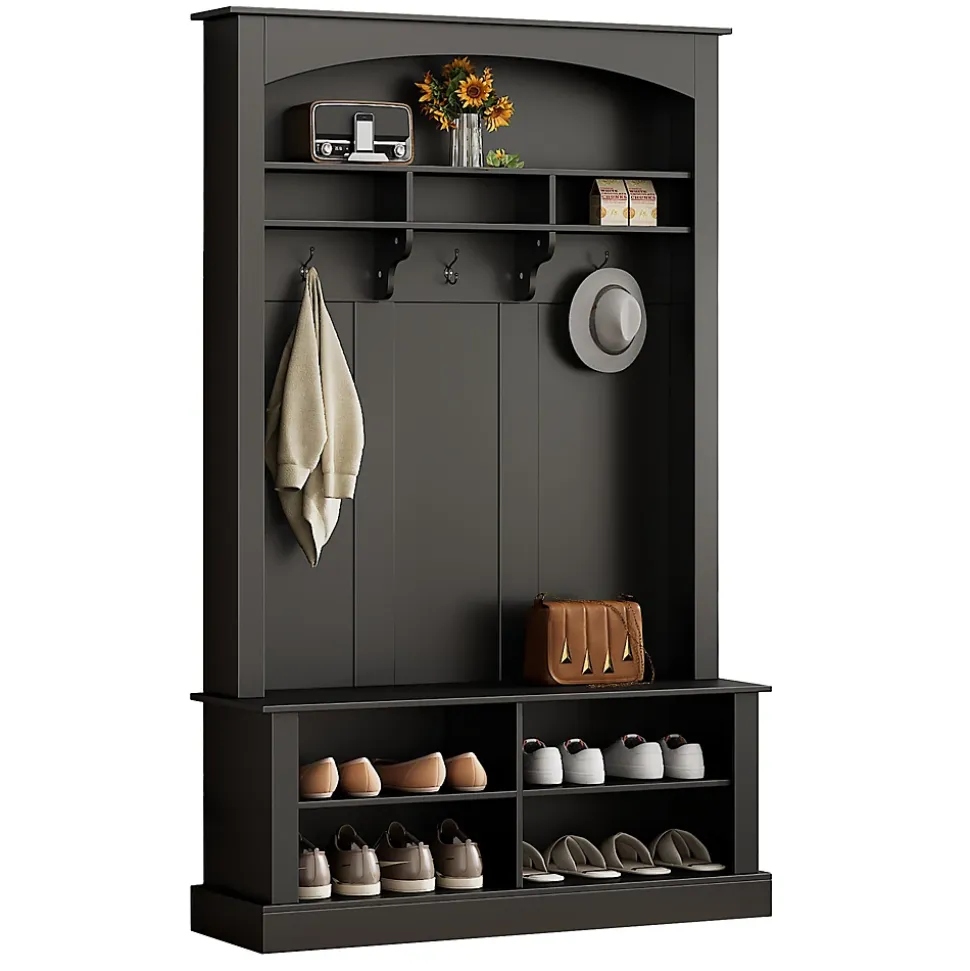 Meuble d'Entrée avec Banc et 3 Crochets pour Manteaux - Meuble de Rangement Multifonction avec Étagères, Noir- 120x40x190 cm