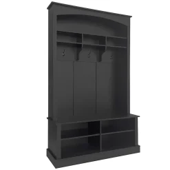 Meuble d'Entrée avec Banc et 3 Crochets pour Manteaux - Meuble de Rangement Multifonction avec Étagères, Noir- 120x40x190 cm
