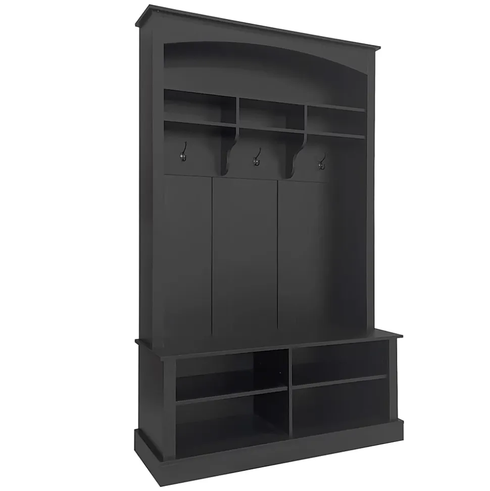 Meuble d'Entrée avec Banc et 3 Crochets pour Manteaux - Meuble de Rangement Multifonction avec Étagères, Noir- 120x40x190 cm