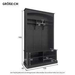 Meuble d'Entrée avec Banc et 3 Crochets pour Manteaux - Meuble de Rangement Multifonction avec Étagères, Noir- 120x40x190 cm