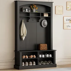 Meuble d'Entrée avec Banc et 3 Crochets pour Manteaux - Meuble de Rangement Multifonction avec Étagères, Noir- 120x40x190 cm