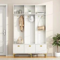 Meuble d'entrée avec Banc et 6 Patères Dorées - Portemanteau Moderne avec Rangement et Pieds Dorés - Blanc - 120x40x191 cm