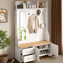 Meuble D'entrée Avec LED Et Miroir - Rangement Chaussures, Banc, Tiroirs - Moderne,blanc