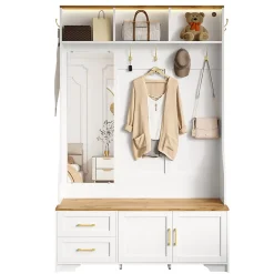 Meuble D'entrée Avec LED Et Miroir - Rangement Chaussures, Banc, Tiroirs - Moderne,blanc