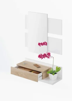 Meuble d'entrée avec miroir, coloris blanc Artik Mate / chêne canadien en mélamine - Dim : 20 x 75 x 29 cm