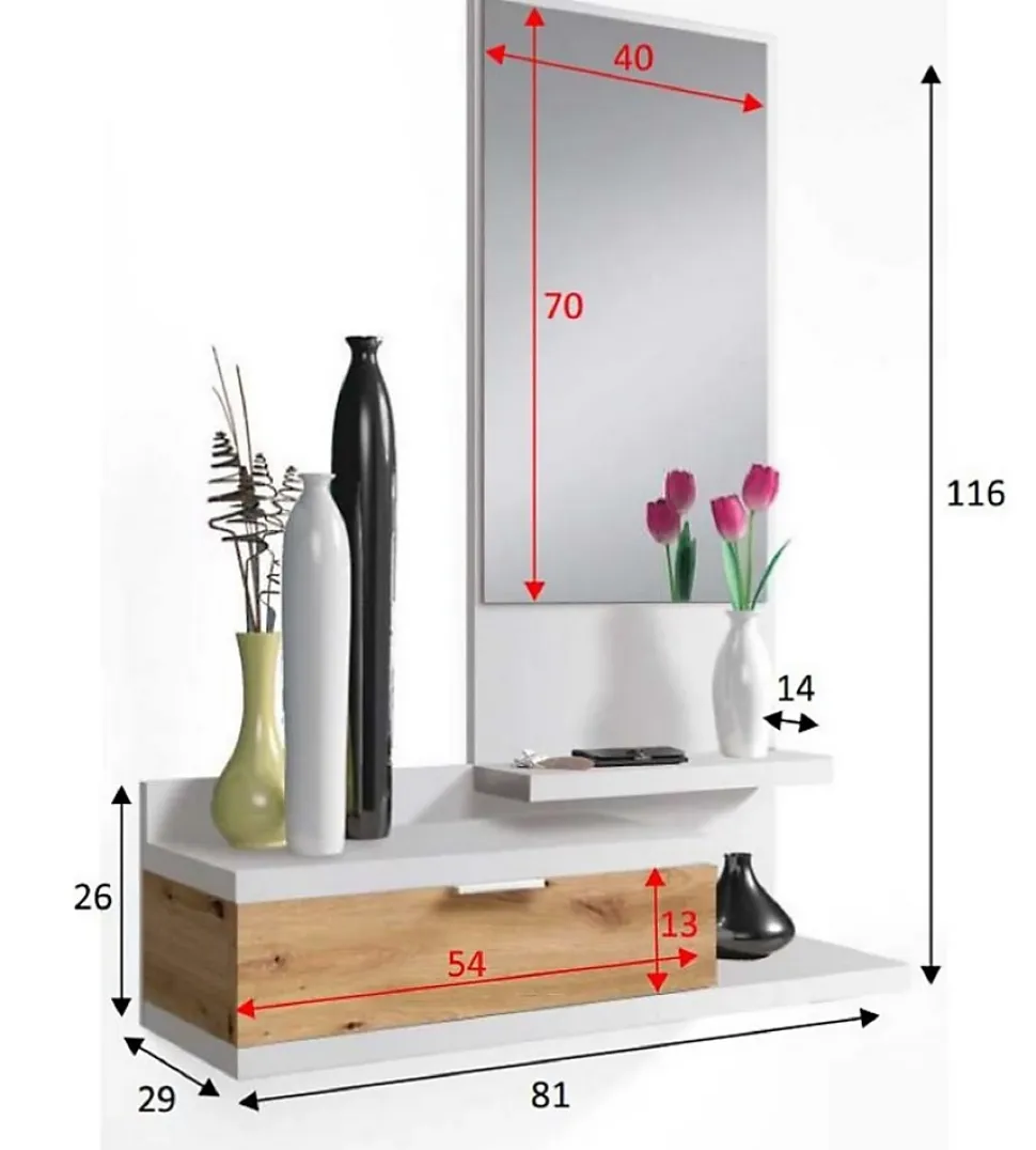 Meuble d'entrée avec miroir et tiroir - Longueur 81 x Profondeur 29 x Hauteur 116 cm