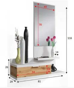 Meuble d'entrée avec miroir et tiroir - Longueur 81 x Profondeur 29 x Hauteur 116 cm