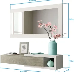 Meuble d'entrée avec un miroir coloris blanc artic / chêne - H.19 x L.95 x P.26 cm