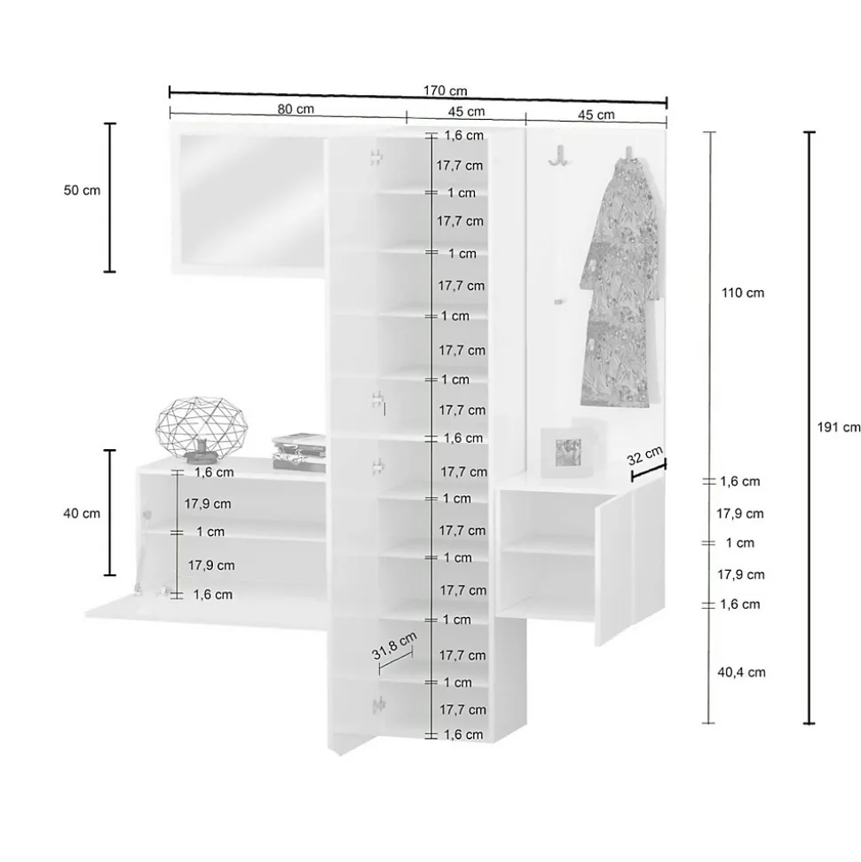 Meuble d'entrée Barengo, Armoire multifonctionnelle à 3 portes, Cintre mural avec miroir, 170x35h190 cm, Blanc