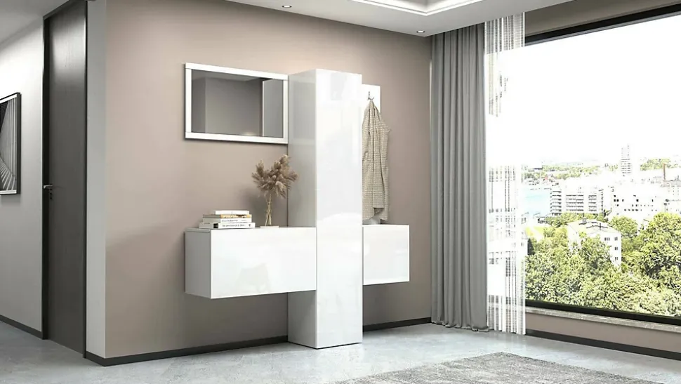 Meuble d'entrée Barengo, Armoire multifonctionnelle à 3 portes, Cintre mural avec miroir, 170x35h190 cm, Blanc