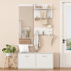 Meuble D'entrée Complet avec Porte-Manteau, Miroir et Étagères À Chaussures - ensemble 4 Pièces en Panneau de Particules - Blanc