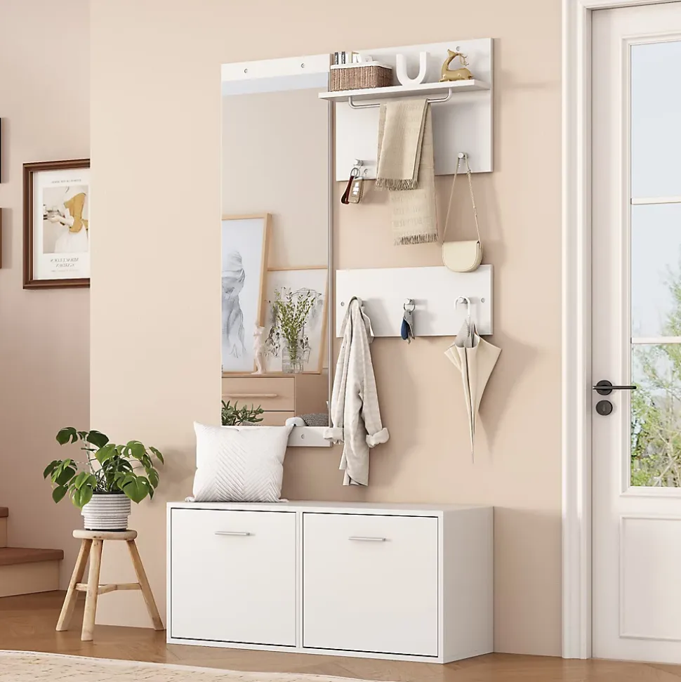 Meuble D'entrée Complet avec Porte-Manteau, Miroir et Étagères À Chaussures - ensemble 4 Pièces en Panneau de Particules - Blanc
