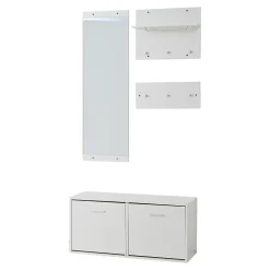 Meuble D'entrée Complet avec Porte-Manteau, Miroir et Étagères À Chaussures - ensemble 4 Pièces en Panneau de Particules - Blanc