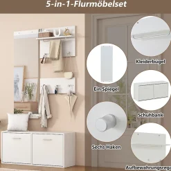 Meuble D'entrée Complet avec Porte-Manteau, Miroir et Étagères À Chaussures - ensemble 4 Pièces en Panneau de Particules - Blanc
