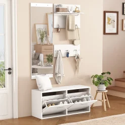 Meuble D'entrée Complet avec Porte-Manteau, Miroir et Étagères À Chaussures - ensemble 4 Pièces en Panneau de Particules - Blanc