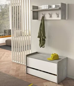 Meuble d'entrée Dap, Entrée moderne avec portemanteau, Meuble avec Etagere à chaussures, 50x32h182 cm, Ciment et Blanc