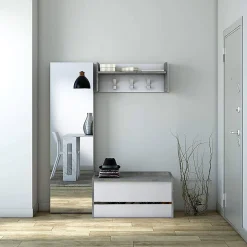 Meuble d'entrée Dap, Entrée moderne avec portemanteau, Meuble avec Etagere à chaussures, 50x32h182 cm, Ciment et Blanc