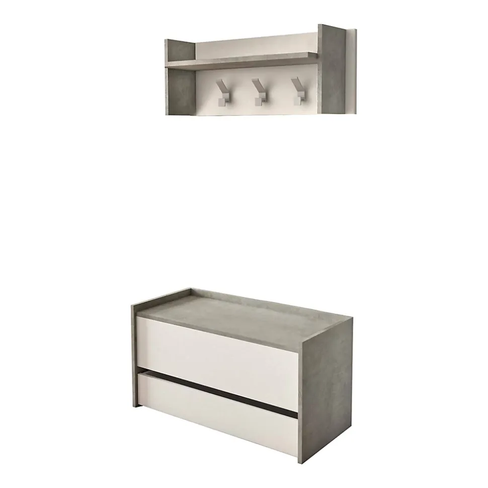 Meuble d'entrée Dap, Entrée moderne avec portemanteau, Meuble avec Etagere à chaussures, 50x32h182 cm, Ciment et Blanc