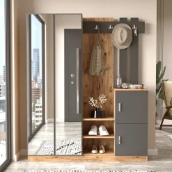 Meuble d'entrée design bois et gris avec miroir - ANKA