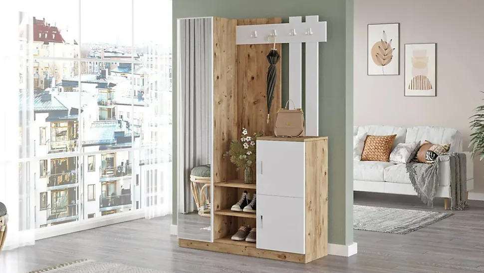 Meuble d'entrée Dgagn, Crochet d'entrée, Console de rangement multifonction, 114x38h180 cm, Chêne et Blanc