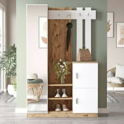 Meuble d'entrée Dgagn, Crochet d'entrée, Console de rangement multifonction, 114x38h180 cm, Chêne et Blanc