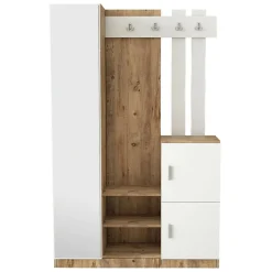 Meuble d'entrée Dgagn, Crochet d'entrée, Console de rangement multifonction, 114x38h180 cm, Chêne et Blanc