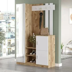 Meuble d'entrée Dgagn, Crochet d'entrée, Console de rangement multifonction, 114x38h180 cm, Chêne et Blanc